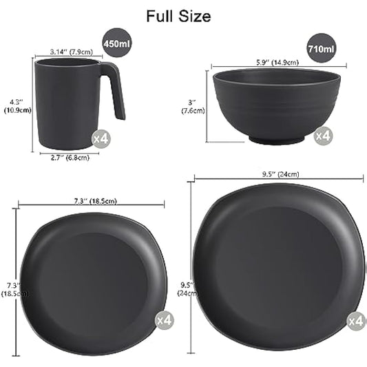 Greentainer Unbreakable Lightweight Dinnerware Sets, Plastic Dinner Set, 4 Dining Plates, 4 Bowls, 4 Cups, Microwave and Dishwasher Safe, Camping Tableware for Kids and Adults, Service for 4(Grey)