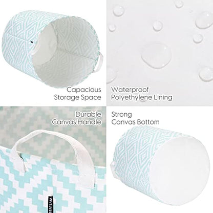 Sea Team 19.7 Inch Large Sized Waterproof Coating Ramie Cotton Fabric Folding Laundry Hamper Bucket Cylindric Burlap Canvas Storage Basket with Stylish Bohemia Mint Design