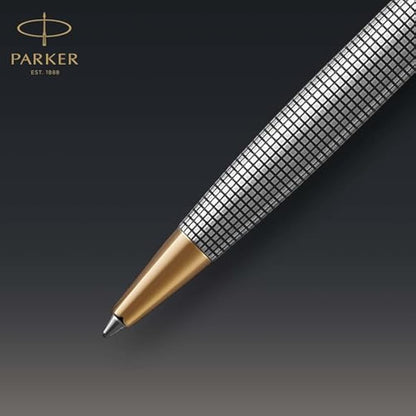 Parker Sonnet Ballpoint Pen | Chiselled Silver with Gold Trim | Medium Point Black Ink | Gift Box