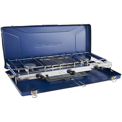 Campingaz Chef Folding Double Burner Stove and Grill, compact gas cooker for camping or festivals, Blue
