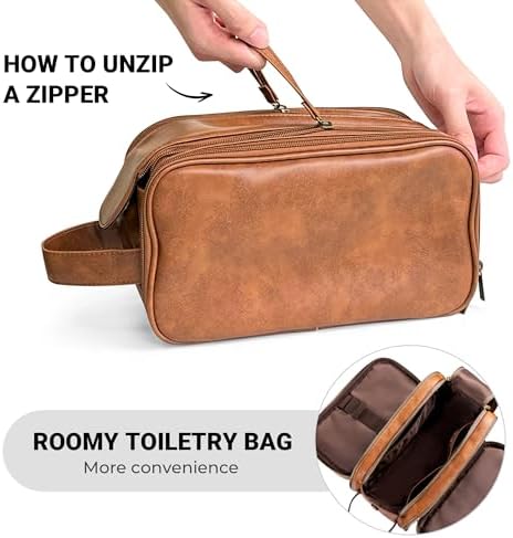Elviros Water-Resistant PU Leather Toiletry Bag for Men Large Travel Wash Bag Shaving Dopp Kit Bathroom Gym Toiletries Makeup Organizer with Wet Dry Compartment