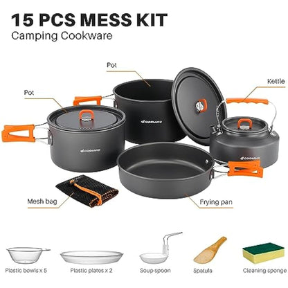Odoland Camping Cookware Set Non-Stick Lightweight Camping Kettle Pots and Pans Mess Kit with Bowls Soup Spoon for Backpacking, Outdoor Cooking and Picnic for 4-6 People