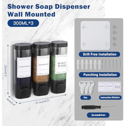 Shampoo and Conditioner Dispenser,Shower Dispenser 3 Chamber No Drill Shampoo Dispenser for Shower Wall Mounted Shower Soap Dispenser Body Wash for Bathroom Hotel Kitchen,3 * 300ML,Black