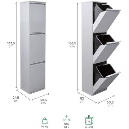 Arregui Basic CR302-B Waste Bin for Waste Collecting Buckets, Steel Cabinet for Differentiated Waste, 3 Drop-Down Doors, 3 x 17 L (51 L), Light Grey