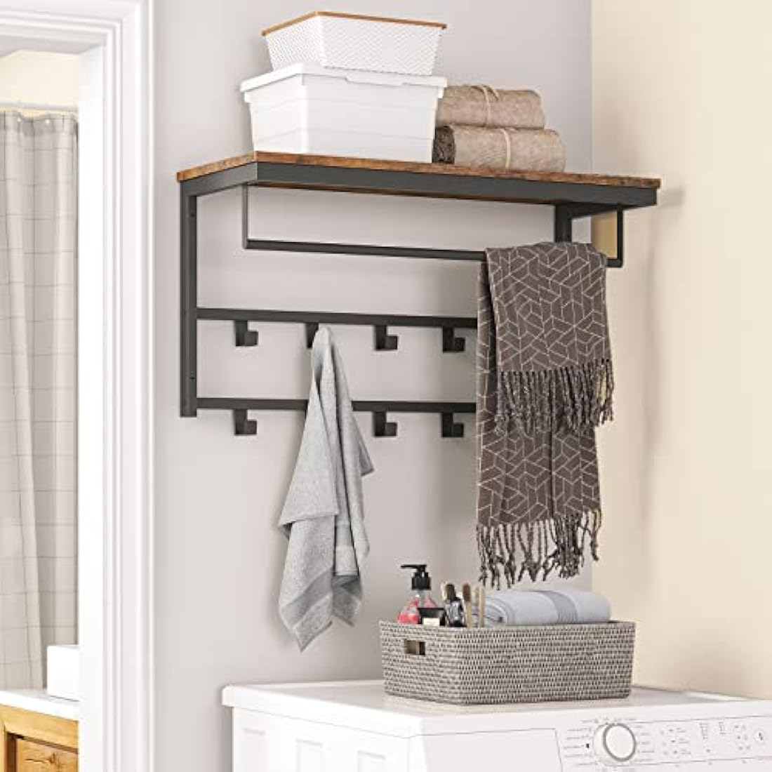 HOOBRO Coat Rack Wall-Mounted, Coat Hook with 10 Hooks and Shelf, 80 x 30 x 42 cm, Hanging Rail, for Entryway, Bathroom, Living Room, Laundry Room, Rustic Brown EBF12YM01