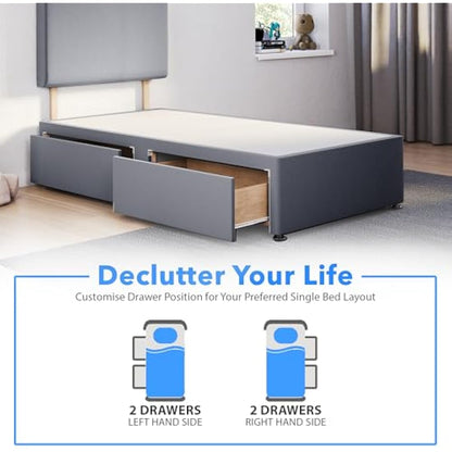 ComfoRest - Luxurious 3FT Single Divan Bed with 2 Drawers & Plain 24" Headboard | Sturdy Base with Storage for Compact Rooms (Grey Plush)