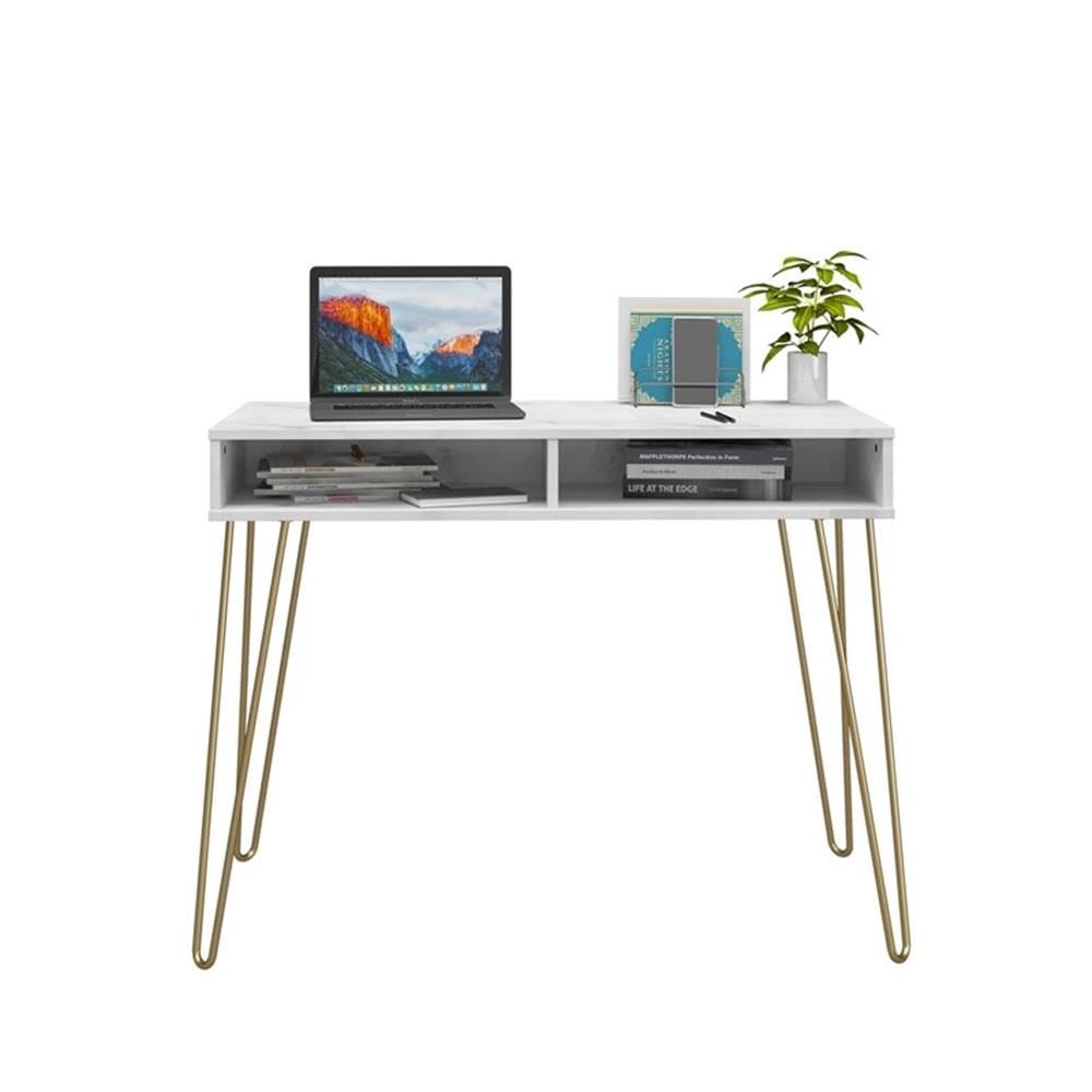 Novogratz Athena Desk with Storage White Marble Look