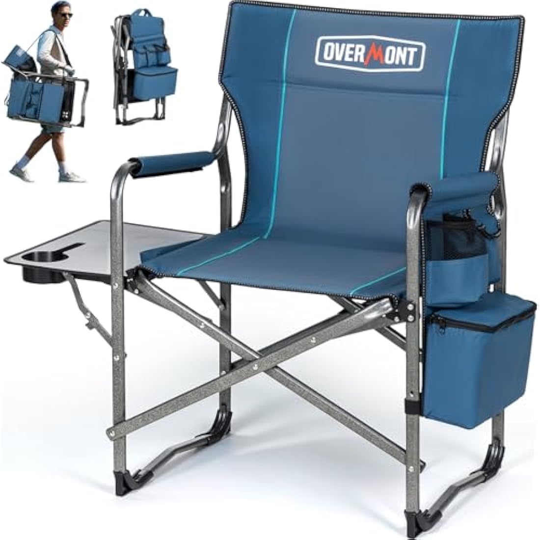 OVERMONT Oversize Directors Camping Chairs for Adults - 180kg Heavy-Duty Folding Outdoor Chairs with Foldable Side Table & Cooler Bag for Outside Festival BBQ Beach Picnic Fish