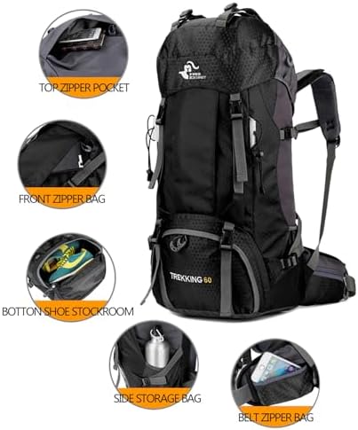 Bseash 60L Waterproof Hiking Camping Backpack with Rain Cover, Lightweight Outdoor Sport Travel Daypack Rucksack for Climbing Skiing