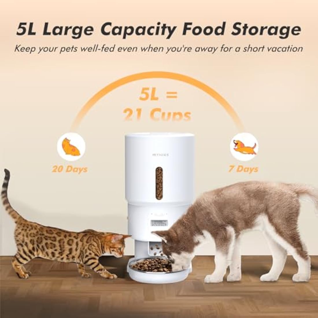 Automatic Cat Feeder, 5L Cat Feeder Automatic with Timer, Keep Food Fresh, Up to 16 Portions 6 Meals Per Day, Food Dispenser with Stainless Steel Cat Food Bowl, 10s Voice Recorder, Dual Power Supply