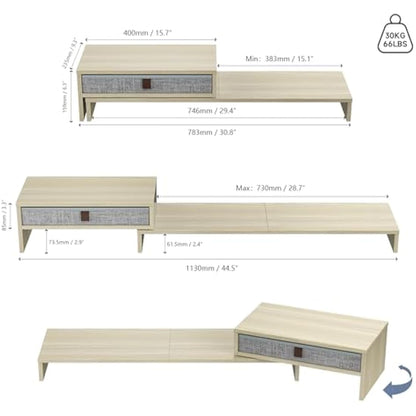 Fenge Dual Monitor Stand With Drawer - 2 Shelf Riser With Adjustable Length and Angle, Wood Stand for 2 Monitors, Laptop PC, Computer, Printer, Desktop Organizer, Oak