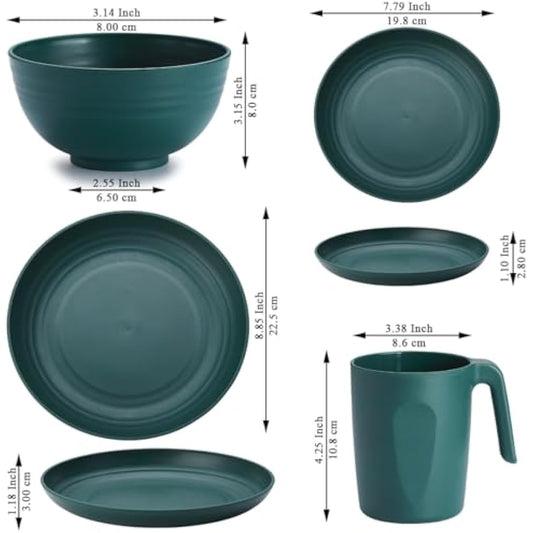 Kyraton Plastic Dinnerware Sets of 32 Pieces Service for 8, Unbreakable and Reusable Light Weight Plates Mugs Bowls Dishes Easy to Carry and Clean Microwave Safe BPA Free Dishwasher Safe