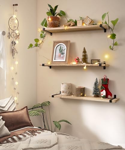 Gronda Rustic Floating Shelves 60CM, Wooden Wall Mounted Shelf Long Storage Hanging Shelf Farmhouse Display for Bedroom Living Room Bathroom Kitchen