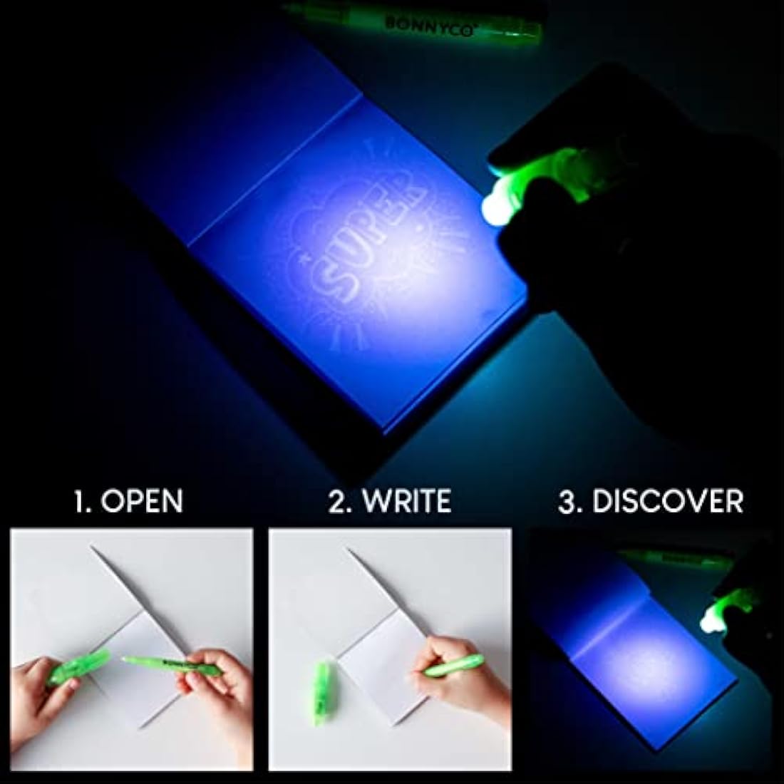 BONNYCO Invisible Ink Pen and Notebook, Pack 8 Superhero Superhero Party Bags Fillers, Pinata Toys | Birthday Decorations | Stocking Fillers for Kids Birthday | School Prizes, Gifts for Children