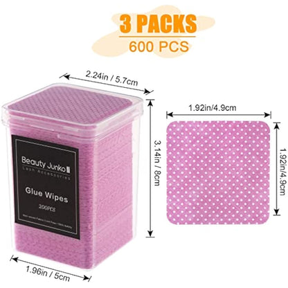 Lint Free Nail Wipes, 600 PCS Eyelash Extension Glue Wipes, Lash Glue Cleaning Pads, Adhesive Wipes, Cotton Pads for Cleaning Tweezers and Glue Bottle Nozzle, Lash Extension Supplies