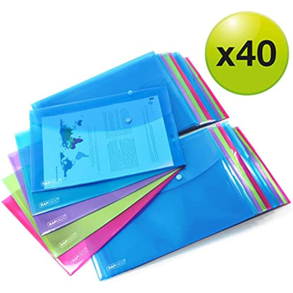 Rapesco 1678 ECO Recycled Popper Wallets, A4+, Assorted Bright Transparent Colours, Pack of 40