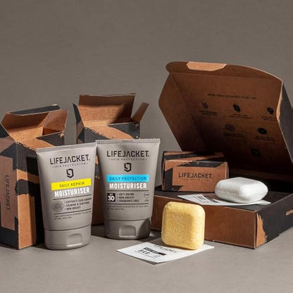 LifeJacket Daily Protection Set - SPF30 Moisturiser, Repair Hydration Face Cream, Body Wash Shower Bar & Face Cleansing Bar. Anti Ageing Skincare Gift Set Clinically Approved for Sensitive Skin