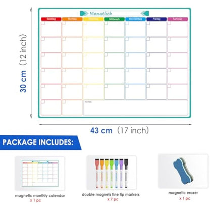 KTRIO Monthly Planner Whiteboard A3 Magnetic Whiteboard for Fridge Calendar Month Planner Monthly Wall Planner Reminder Board for Meal Planning or Shopping