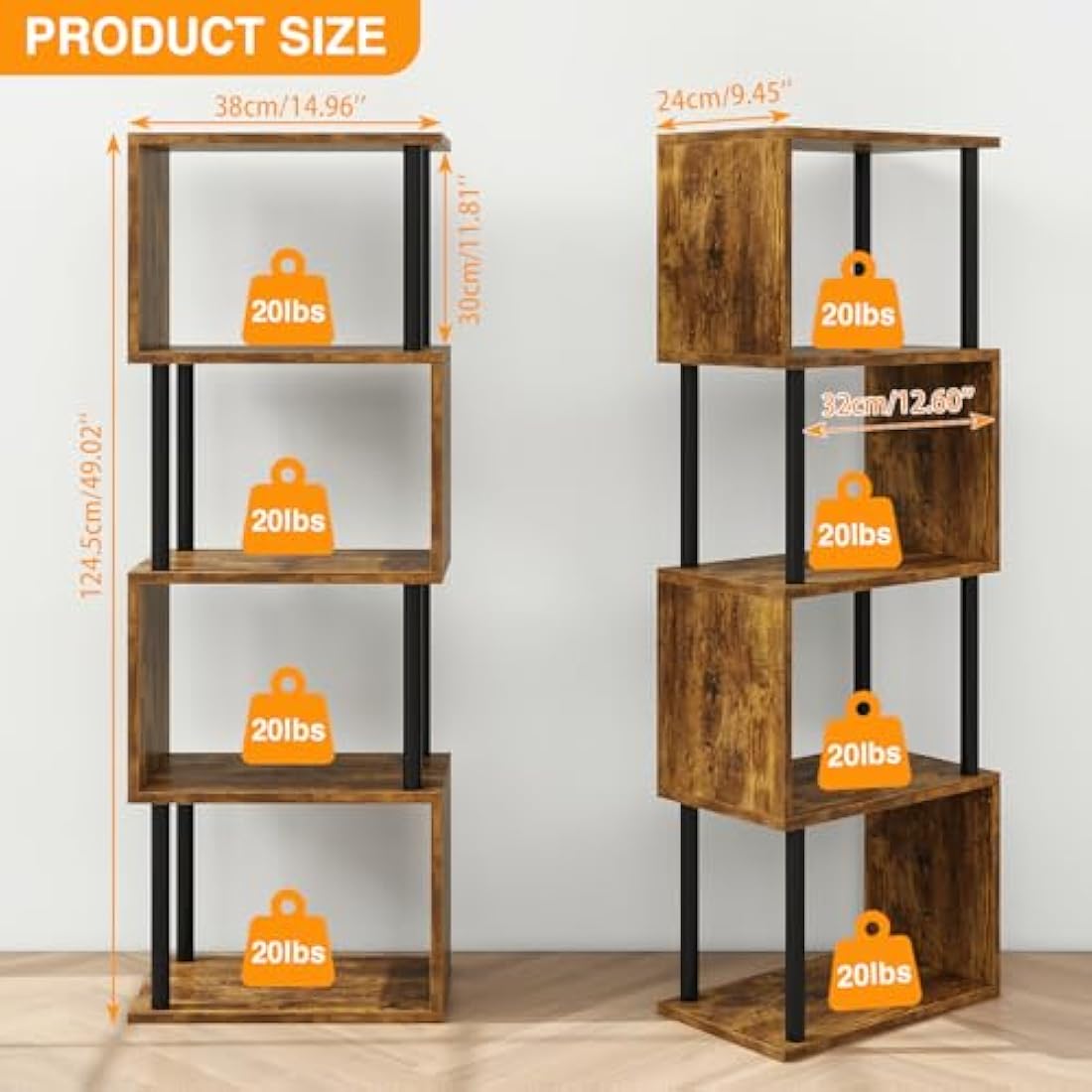 IBUYKE 5/6-Tier Tall Bookshelf,S-Shaped Geometric Bookcase, Wood Display Shelves With Storage,Industrial Bookshelf for Living Room Bedroom, Home Office, Rustic Brown WBC015H