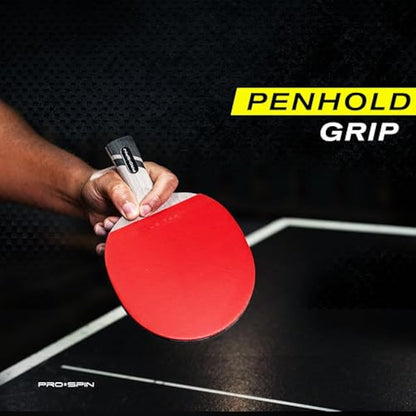 PRO SPIN Table Tennis Bat with Carbon Fibre | Penhold Grip | Elite Series 7-Ply Blade, Premium Rubber, 2.0mm Sponge & Rubber Protector Case