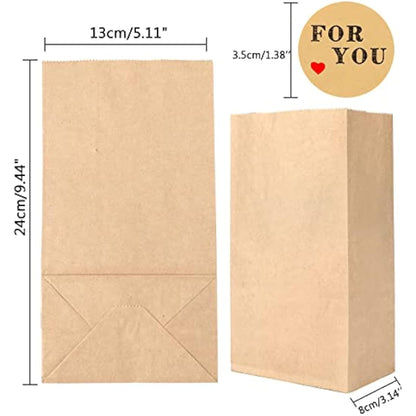 G2PLUS 100 Medium Brown Kraft Paper Bags - 13x8x24 CM Candy Favor Bags with Stickers for Snack, Birthday, Wedding and Party