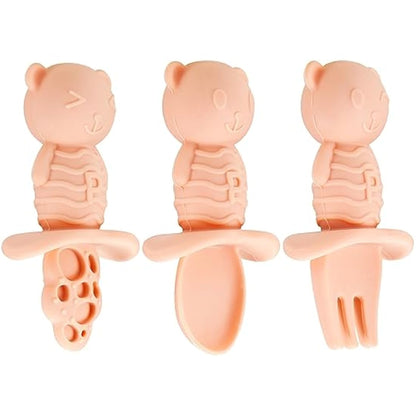 PandaEar Silicone Suction Plate, Spoon and Fork Set, Toddler Self-Feeding, BPA Free, Dishwasher & Microwave Safe, Bear Shape (Pink)
