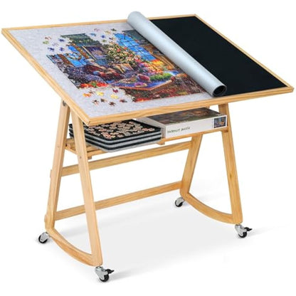 LAVIEVERT 1500 Piece Jigsaw Puzzle Table with Legs & Cover, Adjustable Wooden Puzzle Board Easel with Storage Shelf, Portable Tilting Puzzle Table with 4 Rolling Wheels for Adults