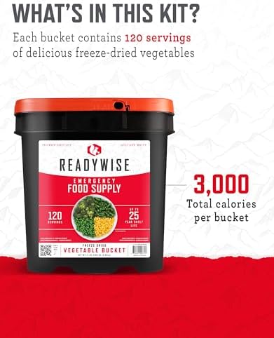ReadyWise, 120 Servings, Vegetable Bucket, Freeze Dried, 20 Years Shelf Life, Emergency Food
