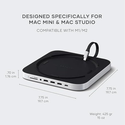 SATECHI Mac Mini Hub & Stand with SSD Enclosure for NVME/SATA M.2, Mac Mini Dock with USB-C 10Gbps, 3 USB-A 5/10Gbps, 2.0 Audio Jack, for Mac Studio, Mac Mini M2/M1 (Not Compatible with M4) – Silver