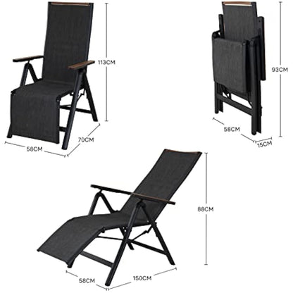 Grand patio Foldable Sun Lounger, Reclining Garden Chair, Aluminium Camping Chairs, Adjustable 6 Position High Backrest, Deck Chair for Garten, Outdoor, Poolside Black