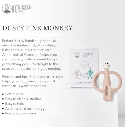 Matchstick Monkey, Original Teether & Gel Applicator, Antimicrobial Silicone Teething Toys for Baby, Easy to Grip, BPA Free, 3 Months Old+, 10.5 cm, Dusty Pink Monkey