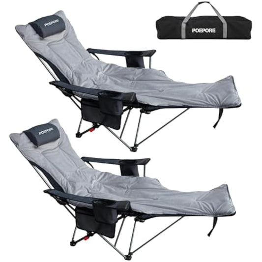 POEPORE 2 Set Reclining Camping Chair 4-Position with Foot Rest Detachable Folding Deluxe Camping Chair Lounger Lightweight with Cotton Padded Luxury Cup Holder Grey