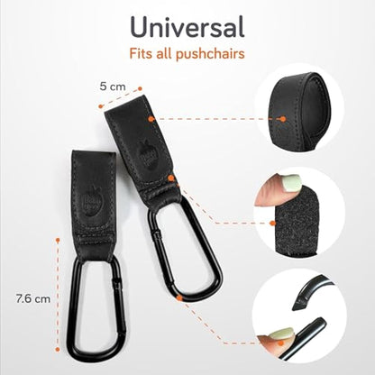 Baby Uma Leather-Style Buggy Clips (2 Pack) - Universal Pram Clips, Non-Slip Buggy Accessories, Carry 5 kg per Carabiner, Baby Travel Essentials (Black)