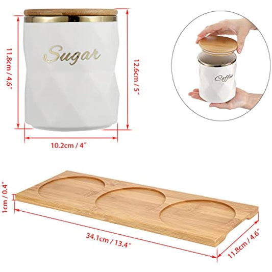 BTSKY White Ceramic Sugar Coffee Tea Canisters with Lid and Tray - Airtight Set of 3 Storage Canisters Food Storage Containers Pots Jars with Bamboo Lid for Kitchen Counter
