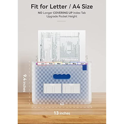ABC life A4 Expanding File Organiser with Grid Pattern,13 Pockets Expandable Filling Boxes Documents Organiser,Accordion A4 Desk Folders,Portable Rainbow Files Wallets Plastic Bill Storage Bag(Blue)