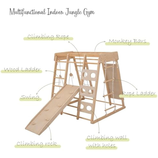 Giant bean Indoor Climbing Frame for Toddlers, Jungle Gym for 2-5yrs Kids,Toddlers Climber Toys 8-in-1 with Slide, Rock Climb Wall, Monkey Bars, Wood & Rope Ladder, Climbing Rope & Wall