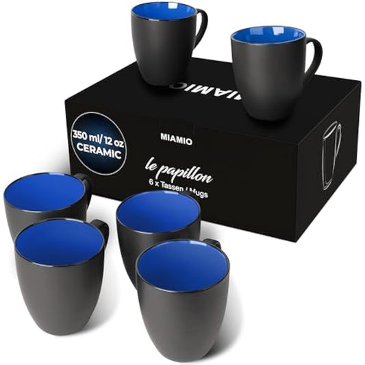 MIAMIO - 6 x 350 ml Stoneware Coffee Mug/Cup Set - Le Papillon Collection (Blue)