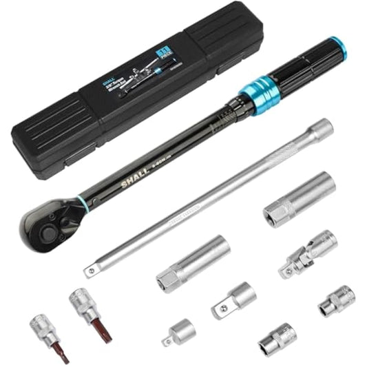 Shall 11-Piece 3/8" Torque Wrench Set, (5-60Nm) Dual Direction Adjustable 72 Tooth for Suitable for car and Motorcycle Maintenance,with Extension Pole and Storage Box