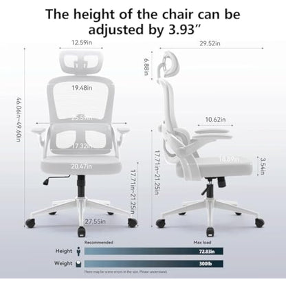 SIHOO M102C Ergonomic Mesh Office Chair, High Back desk chair with 3D Armrests, Up&Down Lumbar Support, Swivel Computer Task Chair, White Frame and Light Grey Mesh
