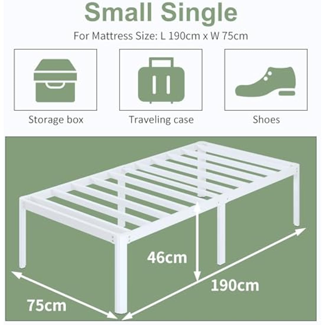 Lutown-Teen 46 cm High Small Single Bed Frame 2ft 6 with Rounded Corners, Heavy Duty Metal Bed Frames Small Single with Steel Slats, Ample Space Underneath, Noise Free, Easy Assembly, White