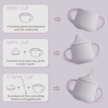 Moonkie Silicone Baby Sippy Cup 6+ Months with 2 Straws (Free Flow & Leak-Proof Valve) | 3 Stage Transition | Baby Water Bottle | BPA Free & Dishwasher Safe | 120ml(Mauve)