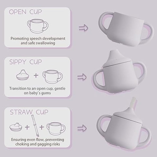 Moonkie Silicone Baby Sippy Cup 6+ Months with 2 Straws (Free Flow & Leak-Proof Valve) | 3 Stage Transition | Baby Water Bottle | BPA Free & Dishwasher Safe | 120ml(Mauve)