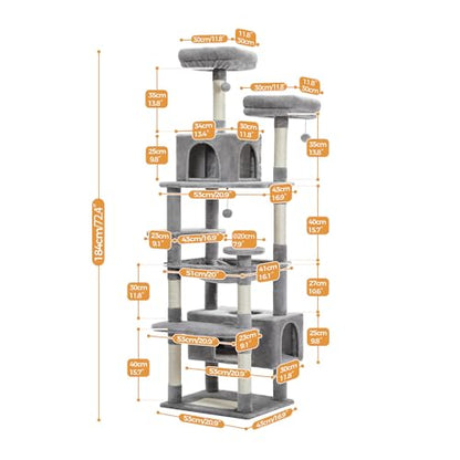 PAWZ Road Large Cat Tree 72.4 Inches 184cm, 6.1ft Cat Tower for Large Cats, Condo with Sisal-Covered Scratching Posts and Pads, 2 Padded Perch, Dual