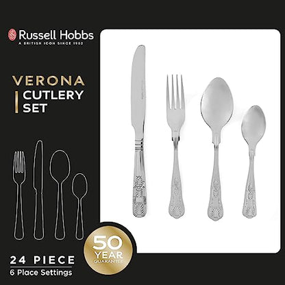 Russell Hobbs RH02850EU7 Verona Cutlery Set  24 Piece, 18/10 Stainless Steel, 6 Place Settings, Includes, Forks, Knives, Tablespoons, Teaspoons,