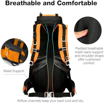 Outplea 60L Hiking Backpack Waterproof for Men Women, Large Camping Backpack with Rain Cover, Mesh Back Hiking Backpack for Travel Trekking Backpacking