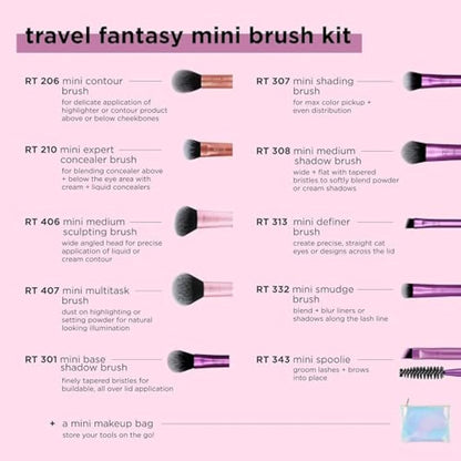 Real Techniques Travel Fantasy Mini Brush Kit, Makeup Brushes For Eyeshadow, Highlight, Contour, Powder, and Concealer, Travel-Sized Brushes and Cosmetic Bag, Synthetic Bristles, 11 Piece Set