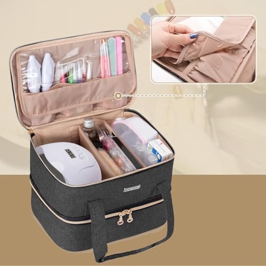 BAFASO Nail Polish Organiser Holds 40 Bottles (15ml - 0.5 fl.oz) and a Nail Lamp, Nail Polish Carrying Case with Manicure Tools Storage Sections (Bag Only), Black (Patented)