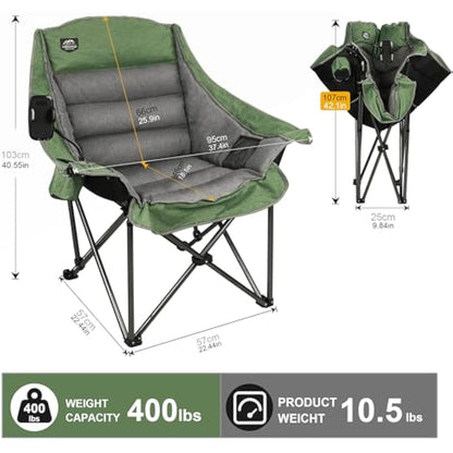 LANMOUNTAIN Oversized XL Folding Camping Chair,Heavy Duty Support 400Lbs,Large Comfy Padded Camp Chair for Adults,Lawn Arm Chair w/Cup Holder,Phone Holder,Carry bag Perfect for Outdoor (Green)