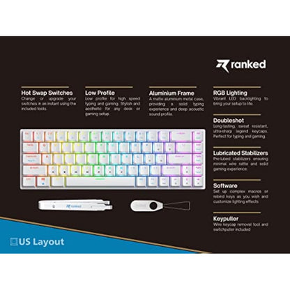 Ranked G65 Guardian 65% | Full Aluminum Frame | Ultra Slim Hot Swappable Mechanical Gaming Keyboard | 68 Keys RGB Backlit for PC/Mac | QWERTY ANSI US Layout (White, Gateron Low Profile Red)