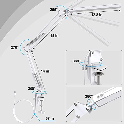 SKYLEO LED Desk Lamp with Clip and Base - Eye Protection Desk Lamps for Study - Swing Arm USB Desk Lamp Office - 3 Light Modes x 10 Brightness Levels - 5V/2A Adapter - White